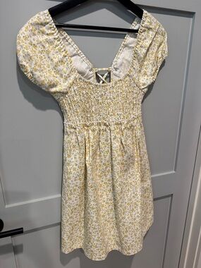 Altar'd State White and Yellow Floral Smocked Puff-Sleeve Dress